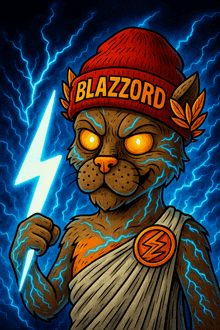 a cartoon of a cat wearing a beanie that says blazzord