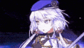 a girl in a blue hat is holding a sword .