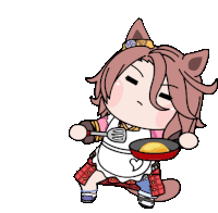 a cartoon of a girl holding a spatula and a pan