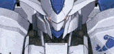 a close up of a robot 's face with a blue shield