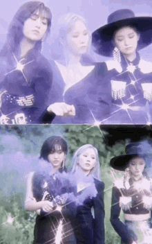 a group of girls are standing next to each other in a field holding purple smoke .