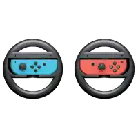 a blue and red nintendo switch controller with a steering wheel attached