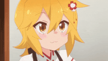 a cartoon girl with yellow hair and a flower in her hair