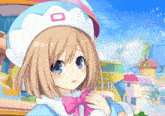 a girl with a white hat and a pink bow