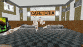 a computer generated image of a cafeteria with pigs and a vending machine