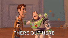 woody and buzz lightyear from toy story are standing next to each other and pointing .