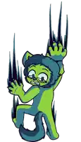 a cartoon drawing of a green and blue cat with black claws on a white background