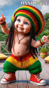 a baby wearing a reggae hat and pants is standing on a deck