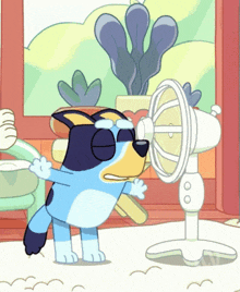 a cartoon dog is standing in front of a fan with his eyes closed