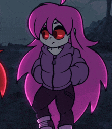 a cartoon character with purple hair and red eyes says eh.