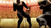 two men are fighting in a boxing ring in front of a crowd of people .