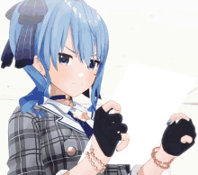 a girl with blue hair and black gloves looks angry