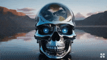 a metal skull with blue eyes and a globe on it