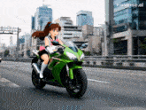 a picture of a girl riding a green motorcycle with pixverse.ai written on the bottom right