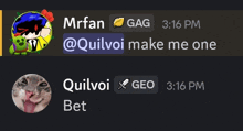 a screenshot of a chat between mrfan and quilvoi