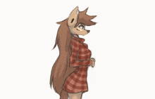 a drawing of a furry animal with a plaid shirt covering its eyes