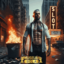 a man with tattoos stands in front of a slot sign