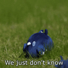 a blue stuffed animal laying in the grass with a question mark above it that says we just don t know