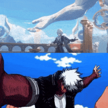 a drawing of a man standing in front of a statue and a drawing of a man flying in the sky