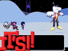 a video game scene with the words it 's ! in red letters