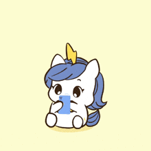 a cartoon drawing of a pony with a speech bubble above its head