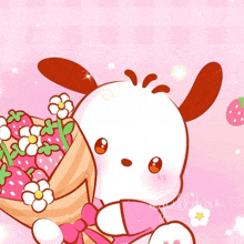 a cartoon dog is holding a bouquet of strawberries and flowers