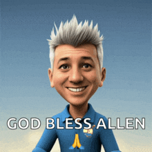 a cartoon of a man praying with the words god bless allen below him