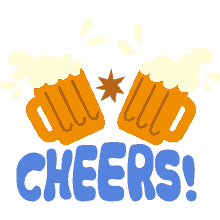 cheers two beer mugs clanking above cheers in blue bubble letters congrats celebration beer