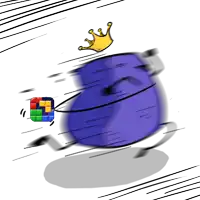 a cartoon drawing of a purple object with a yellow crown on it