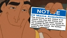 a man holding a notice of meme acquisition