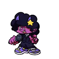 a cartoon character with purple hair and a yellow star on his head holding a microphone