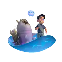 a boy is standing next to a purple monster in a blue bowl