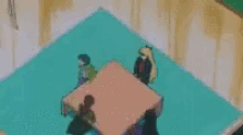 a group of anime characters are standing next to each other in a room .