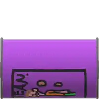 a purple mailbox with a cartoon of a man laying on a bed .