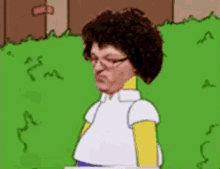 a cartoon of a woman with curly hair and glasses is standing in a grassy field .