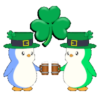 two penguins wearing green hats are holding a beer mug