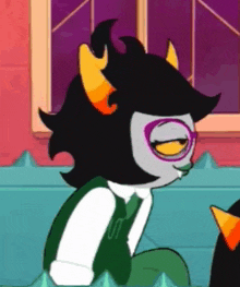 a cartoon character with glasses and horns is sitting on a couch .