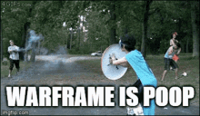 a picture of a boy throwing a frisbee with the words warframe is poop below it