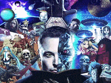 a man is reading a book with a robot face on the cover
