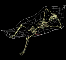 a skeleton is laying in a hammock with a bloody foot