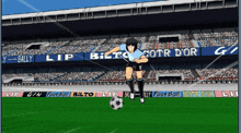 a soccer player is kicking a ball in front of a banner for bilto