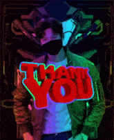 a man wearing a face mask is standing in front of a thank you sign