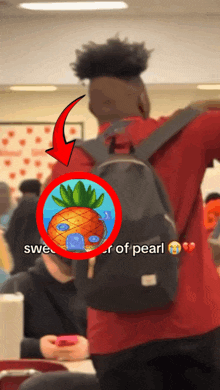 a man wearing a backpack with a picture of spongebob squarepants on it