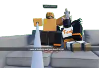 two roblox characters are sitting on a couch and one of them is wearing a shirt that says femb