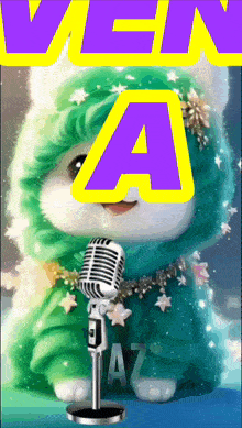 a picture of a cat singing into a microphone with the letter a in the background