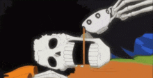 a cartoon of a skeleton drinking from a cup while laying down