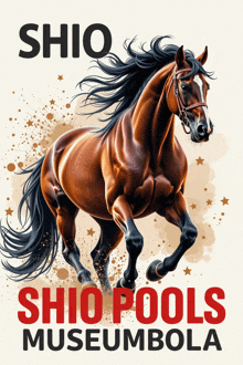 a poster for shio pools museumbola with a brown horse on it