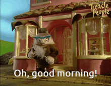 a cartoon character says " oh good morning " in front of a building