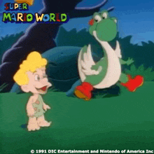 a cartoon of a boy standing next to a green yoshi from super mario world