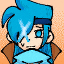 a cartoon character with blue hair is holding a piece of paper in front of his face .